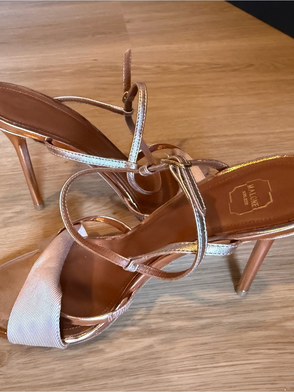 Malone Souliers Metallic Rose Gold Strappy Stiletto Sandals